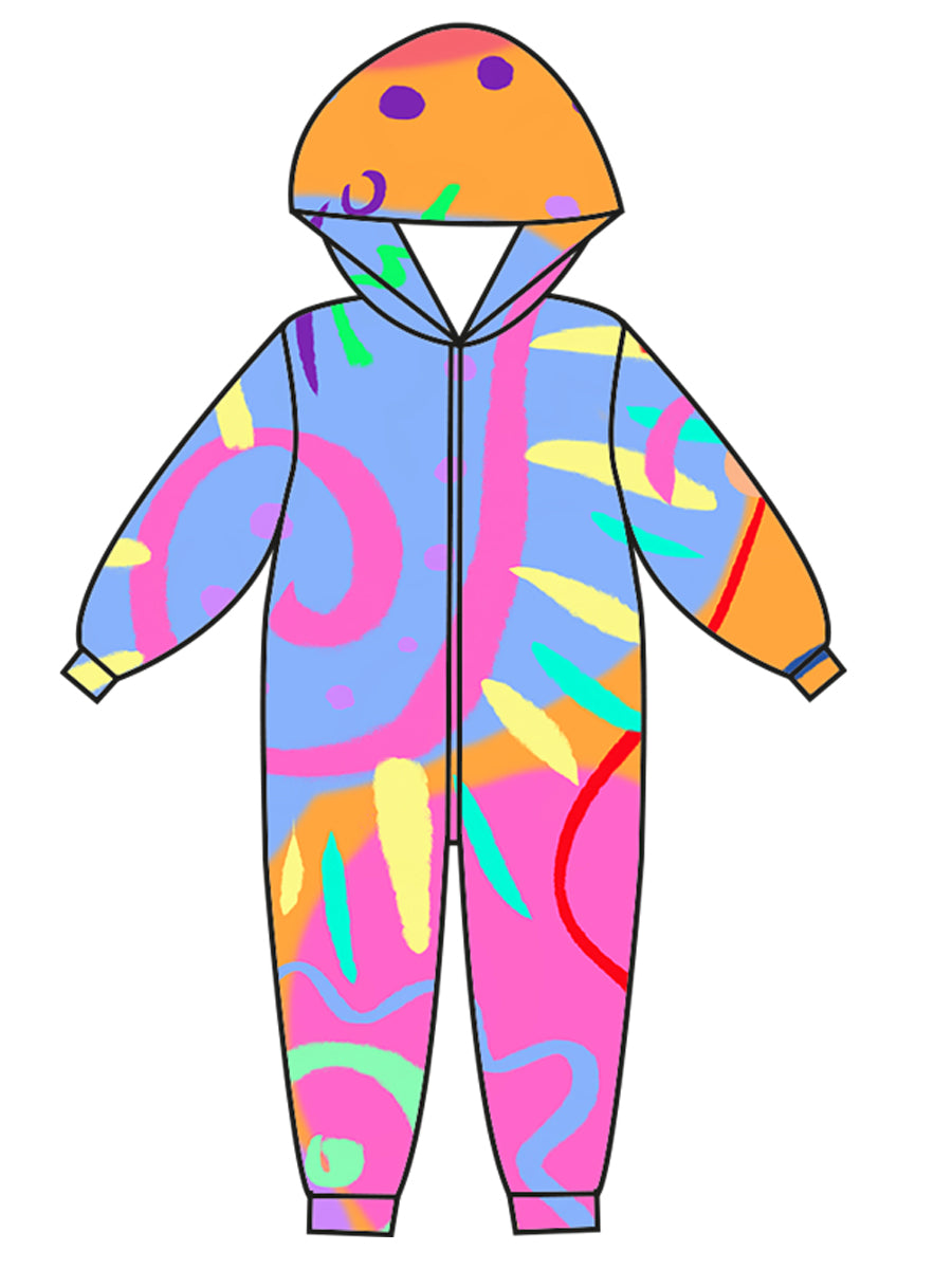 Super Cosy Fleece Hooded Jumpsuit in Art Attack