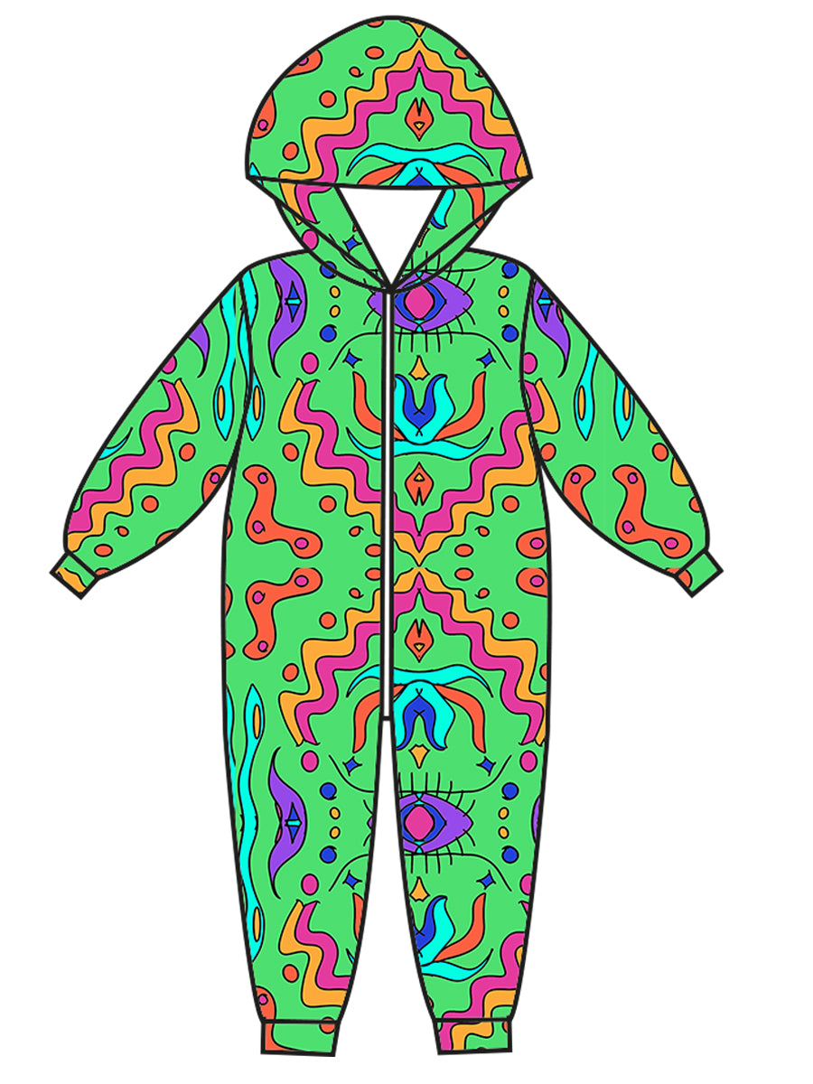 Super Cosy Fleece Hooded Jumpsuit in Green Aztec