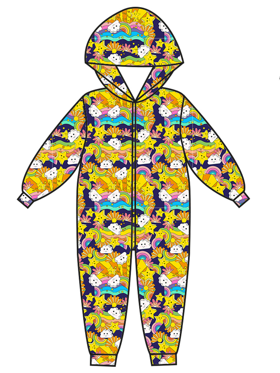 Super Cosy Fleece Hooded Jumpsuit in Rainbows