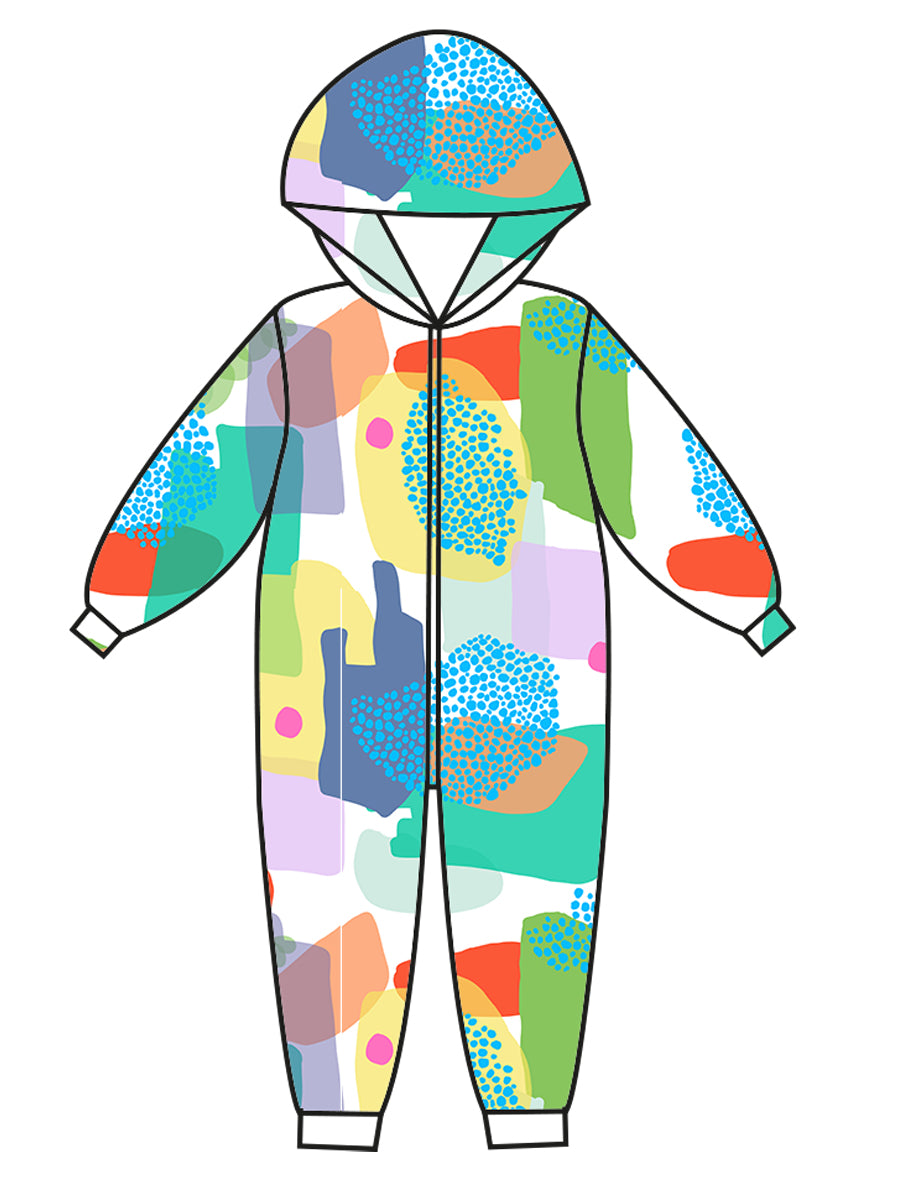 Super Cosy Fleece Hooded Jumpsuit in Watercolours